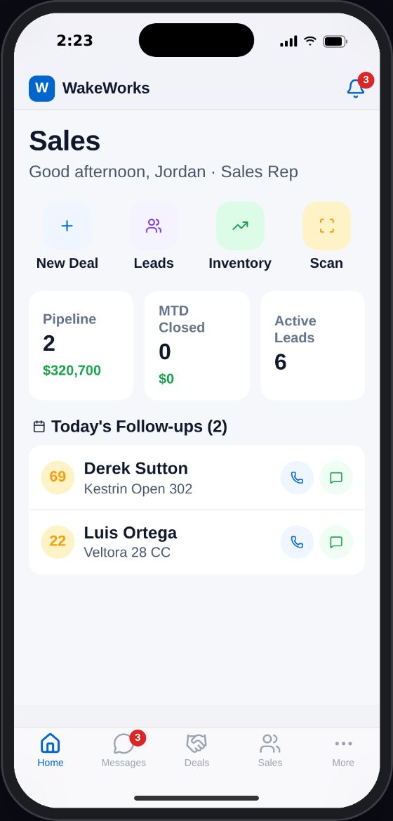 WakeWorks mobile app, Sales rep home screen