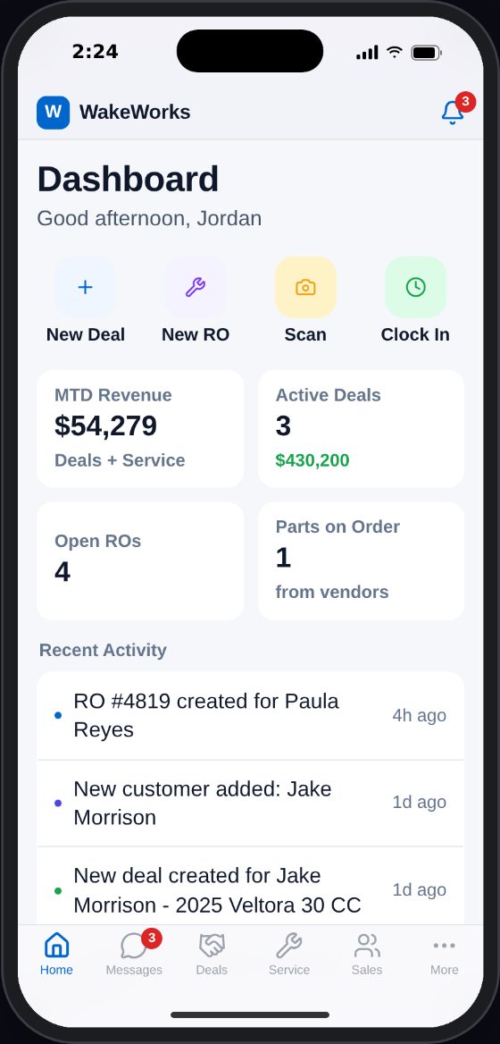 WakeWorks mobile app, Manager home screen