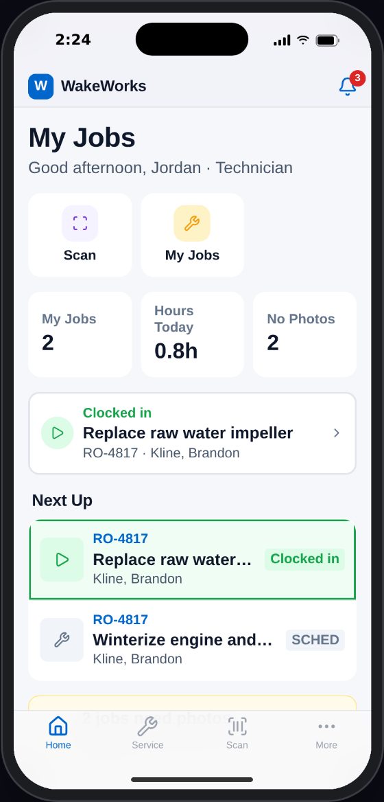 WakeWorks mobile app, Technician home screen